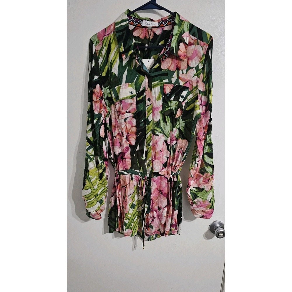 Calvin Klein Women Floral Cinched Waist Button Down Shirt Large Drawstring Boho